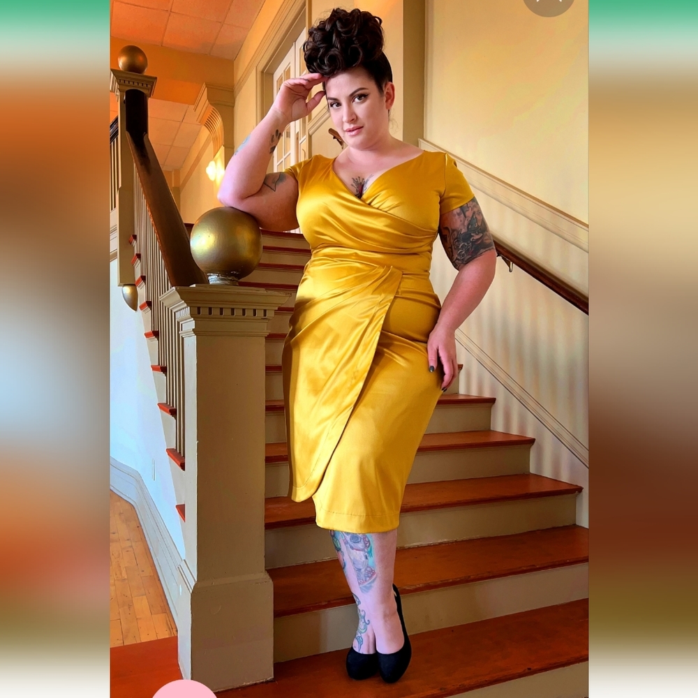 AVA FAUX WRAP WIGGLE DRESS IN GOLDEN MUSTARD SATIN
